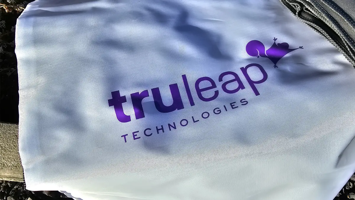 Branded drawstring bag runner event swag for TruLeap Technology